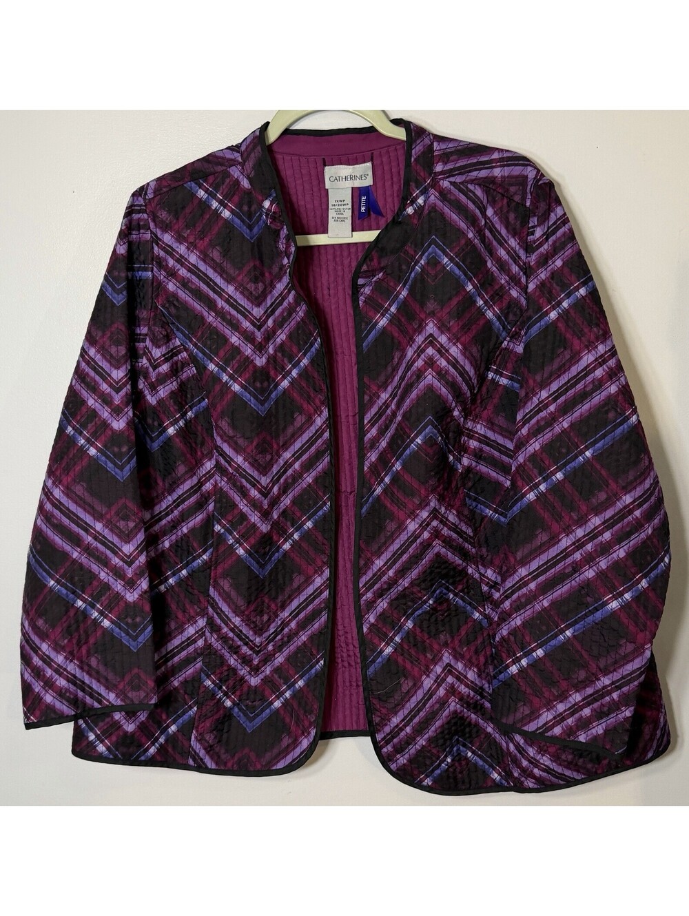Catherine’s Reversible Quilted Jacket 1XP 1X Petite Purple Plaid Chevron Open